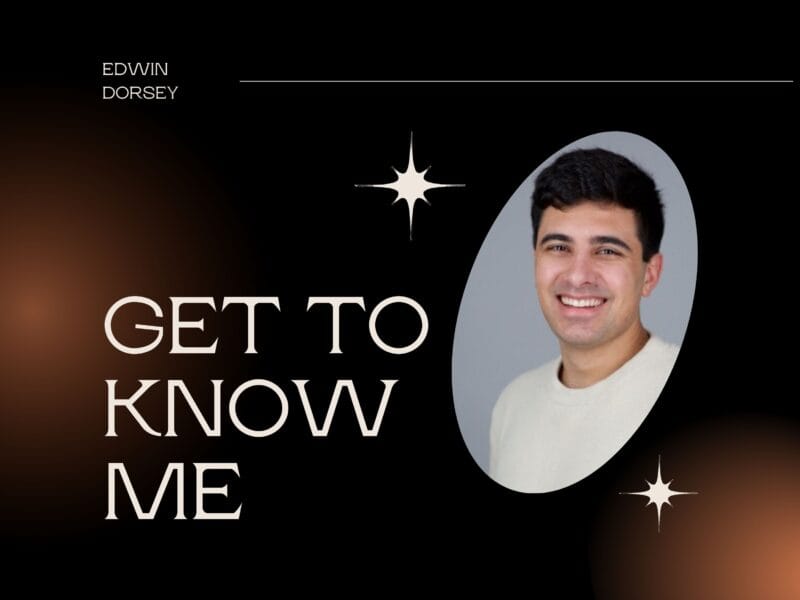 Edwin Dorsey smiling oval portrait on dark background with Get To Know Me text overlay