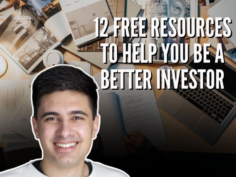 Edwin Dorsey with scattered books and a laptop, titled 12 free resources for investors
