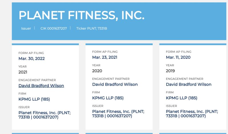 Planet Fitness SEC filing showing KPMG auditor David Bradford Wilson