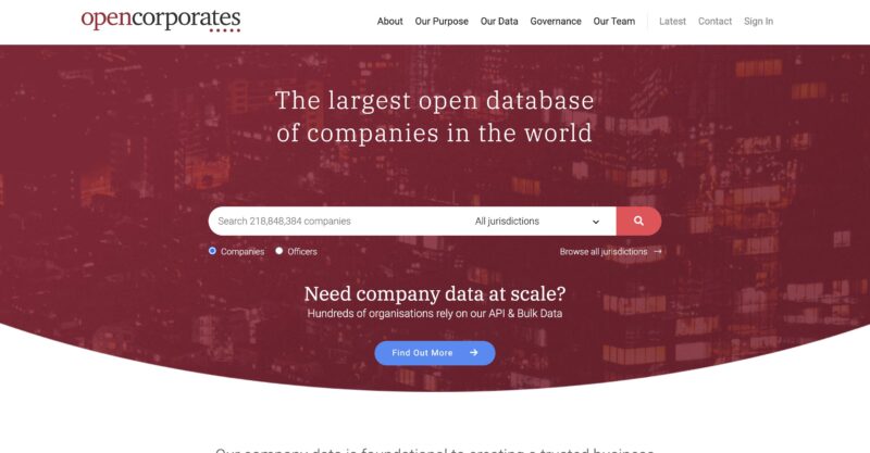 OpenCorporates homepage, a public database for searching 218 million companies worldwide