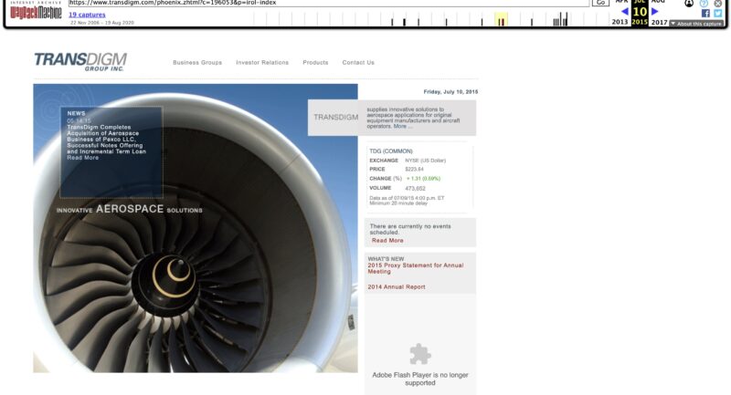 Wayback Machine capture of TransDigm Group's 2015 aerospace solutions website